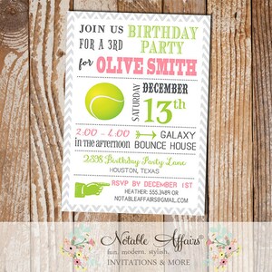 Pink and Chartreuse Chevron Girl Modern Tennis Birthday Party Invitation - choose your colors - no custom wording due to limited space