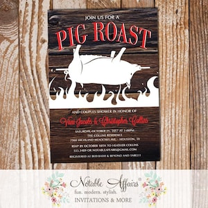 Vintage Rustic Pig Cochon de Lait Boucherie Baby Shower Engagement Party etc invitation - Rustic Pig Roast invite on dark wood background