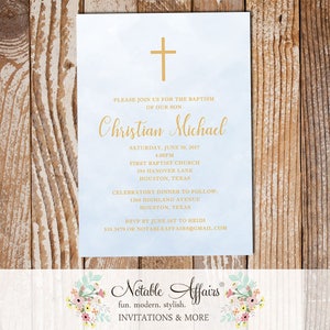 Light Blue Tan Gold Watercolor Christening Invitation Cross Baptism - Boy Baptism invitation - First Communion or Dedication Invite