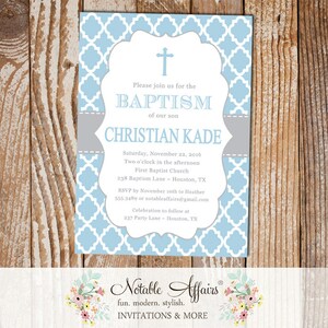 Light Blue and Gray Quatrefoil Christening Invitation Cross Baptism - Boy Baptism invitation - Communion Dedication - choose two colors