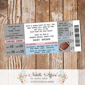 Football Boy or Girl Blue vs Pink Gender Reveal Party Ticket invitation - Gender Reveal Party - choose your accent colors