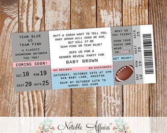 Football Boy or Girl Blue vs Pink Gender Reveal Party Ticket invitation - Gender Reveal Party - choose your accent colors