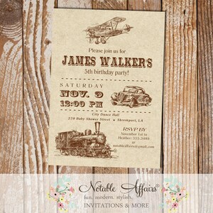 Vintage Transportation Birthday Party invitation - Planes Trains Automobiles Birthday Modern Invitation - kraft background