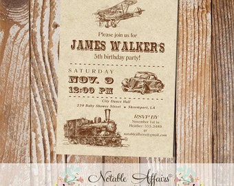 Vintage Transportation Birthday Party invitation - Planes Trains Automobiles Birthday Modern Invitation - kraft background