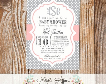 Gray and Light Pink Blush Monogram Polka Dot Modern Baby Shower Birthday Invitation - choose your colors - monogram shower