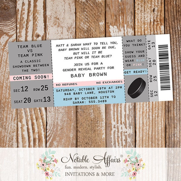 Hockey Puck Boy or Girl Blue vs Pink Gender Reveal Party oversized Ticket invitation - choose your wording and accent colors only
