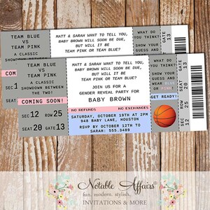 Basketball Boy or Girl Blue vs Pink Gender Reveal Party Ticket invitation - choose your two accent colors