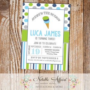 Navy Chartreuse and Gray Ice Cream Cone Dessert Boy Birthday Party Invitation heres the scoop ice cream sundae party shoppe any age image 1