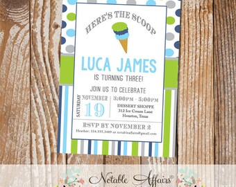 Navy Chartreuse and Gray Ice Cream Cone Dessert Boy Birthday Party Invitation - heres the scoop - ice cream sundae party shoppe - any age