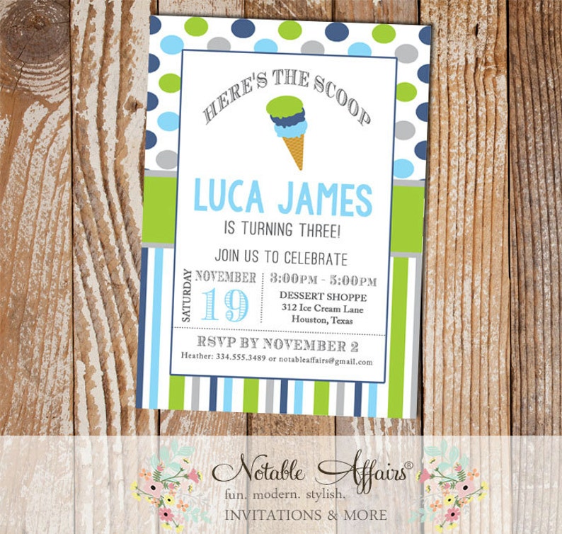 Navy Chartreuse and Gray Ice Cream Cone Dessert Boy Birthday Party Invitation heres the scoop ice cream sundae party shoppe any age image 1