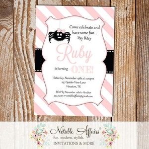 Itsy Bitsy Spider Light Pink and Black Stripes Vertical Invitation - Itsy Bitsy Spider Birthday Party invite - choose accent color