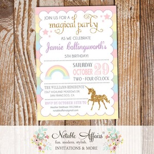 Pastel Rainbow Stripes gold glitter unicorn invitation - unicorn birthday party - any age - choose up to 5 colors - magical unicorn birthday
