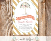 Modern Elegant Flowers Umbrella Briday Shower Baby Shower Sprinkle invitation on Tan Gold stripes - Gender Neutral - no color changes Il_170x135