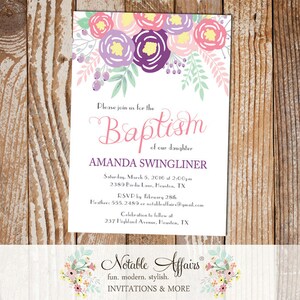 Pink Purple Light Pink Lavender Flowers Christening Invitation Baptism - Girl Baptism invitation - Communion Dedication - no color changes