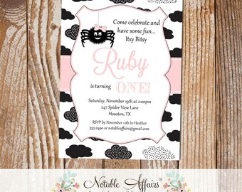 May include: Pink and black birthday invitation with a spider illustration and the text "Come celebrate and have some fun... Itsy Bitsy Ruby is turning ONE!"  Saturday, November 19th at 2:00pm 247 Spider View Lane Houston, TX RSVP by November 12th to Heather 555-2490 or notableaffairs@gmail.com