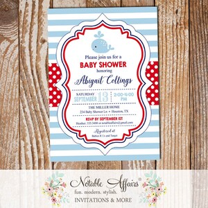 Whale Thick Horizontal Stripes invitation with polka dots - Under the Sea Nautical Whale Baby Shower Invitation - Baby Blue Navy and Red