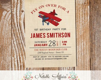 Vintage Dark Red and Light Navy Airplane brown linen Baby Shower or Birthday invitation