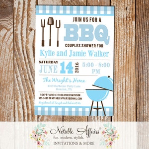 Light Blue and Ice Blue BBQ Baby Q baby shower couples shower on Baby Blue Gingham with utensils and grill