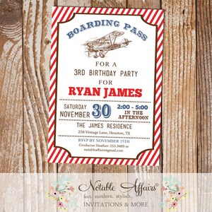 Light Navy and Red Stripes Airplane Birthday party invitation with kraft brown background - Airplane ticket style invitation - any age