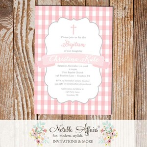 Light Pink and Gray Gingham Cross Christening Invitation Baptism - Girl Baptism invitation - Communion Dedication - choose two colors