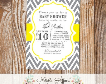 Dark Gray Charcoal and Yellow Chevron Modern Baby Shower Birthday Bridal Shower Invitation - choose your wording and colors