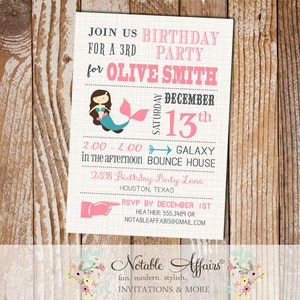 Pink Gray and Teal Mermaid Under the Sea Birthday Invitation - choose your colors as desired