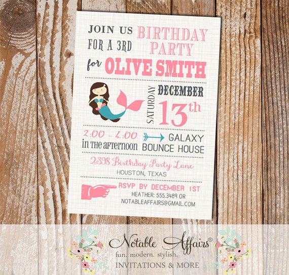 Pink Gray and Teal Mermaid Under the Sea Birthday Invitation - choose your colors as desired Il_570xn
