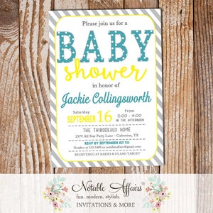 Teal Yellow Gray Modern Diagonal Stripes Polka Dots Gender Neutral Baby Shower invitation choose your three colors Gender Reveal Invite image 1