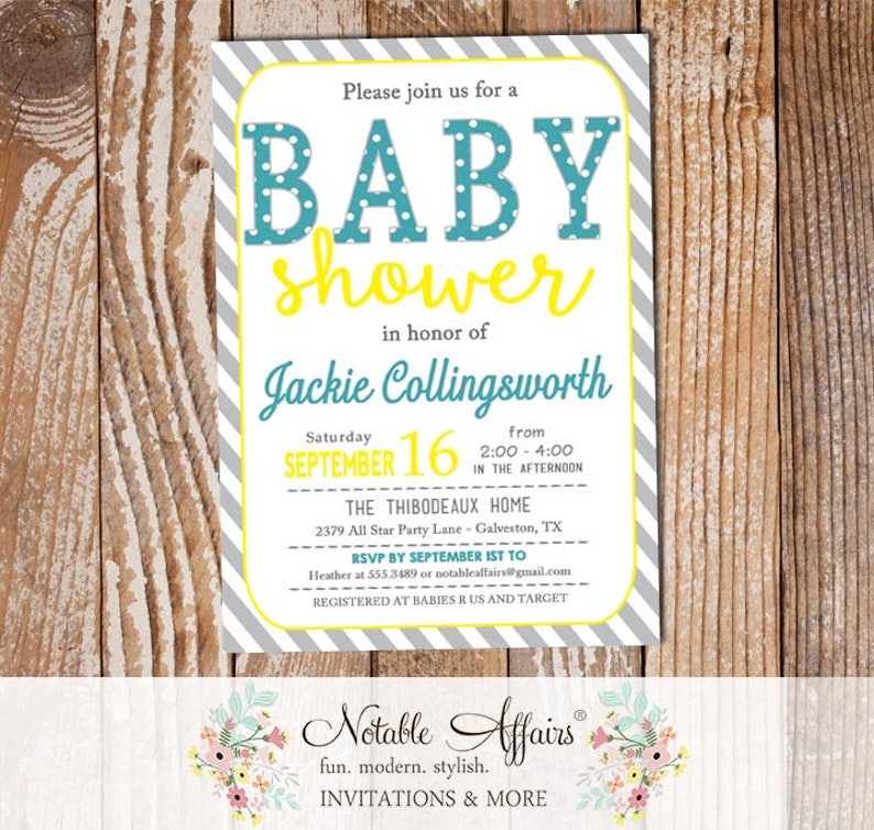 Teal Yellow Gray Modern Diagonal Stripes Polka Dots Gender Neutral Baby Shower invitation choose your three colors Gender Reveal Invite image 1