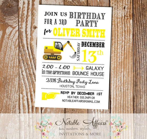Tractor Dirt Bulldozer Yellow Black White Modern Birthday Party Invitation - Construction Party Invitation - no color changes Il_570xn