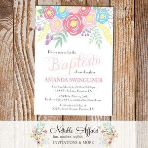 Pink Ice Blue Light Pink Flowers Christening Invitation Baptism - Girl Baptism invitation - Communion Dedication - no color changes