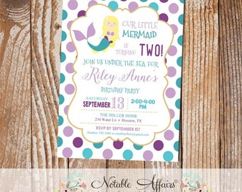 Purple Lavender Teal and Turquoise Blonde Mermaid Polka Dots Birthday invitation - under the sea birthday party invitation - any age