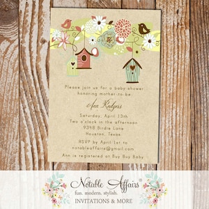 Floral Birds and Birdcages Birdhouse on Kraft Baby Bridal Shower Housewarming Invitation - choose your own wording - no color changes