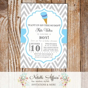 Gray and Ice Blue Chevron Ice Cream Cone Dessert Birthday Party Baby Shower Modern Invitation - Boy Baby Shower - Ice Cream Social