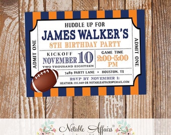 Football Tailgate Birthday Party Football Ticket Invitation - Orange Dark Navy Football Invite- choose 2 colors - All Star Birthday Ticket