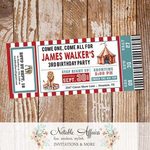 May include: A rectangular circus-themed invitation ticket with red and white striped borders. It features a red circus tent, a lion on a pedestal, and text reading Come One, Come All For James Walker's 3rd Birthday Party, Saturday Sept 30, 2027.
