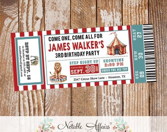 Watercolor Circus Come One Come All Stripes Birthday Party Ticket Invitation - Circus Carnival Ticket Invite any age - no color changes
