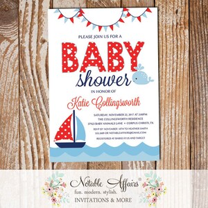 Whale Sailboat Bunting with polka dots invitation - Under the Sea Nautical Whale Baby Shower Invitation - Baby Blue Navy and Red