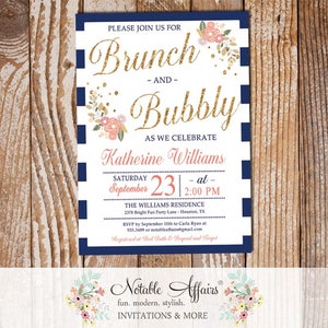 Brunch and Bubbly Mimosas Floral Navy Stripe Bridal Shower Brunch Invitation Baby Shower, Couples Shower Brunch and Bubbly Flowers invite image 1