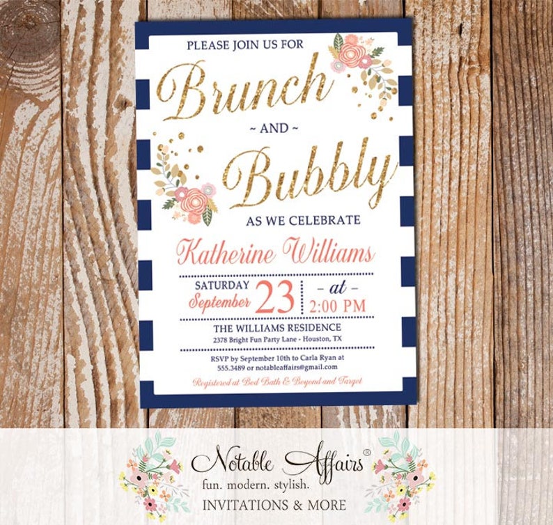 Brunch and Bubbly Mimosas Floral Navy Stripe Bridal Shower Brunch Invitation Baby Shower, Couples Shower Brunch and Bubbly Flowers invite image 1