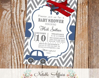 Gray and Navy Blue Chevron Airplane and Vintage Car Baby Shower or Birthday Invitation  - mode of transportation shower party