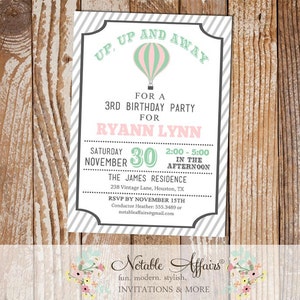 Light pink Mint and Gray Hot Air Balloon Birthday invitation - any age - Hot Air Balloon ticket style invite - choose your colors from chart