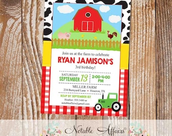 Farm Barnyard Animals Tractor Birthday party invitation with red gingham and cow print - Any age for boy or girl birthday