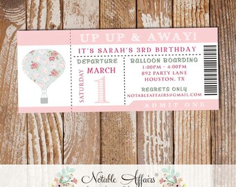 Up Up & Away Hot Air Balloon Pink Shabby Chic Birthday Ticket Invitation - colors can be changed - no wording changes due to limited space