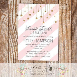 Twinkle Twinkle Little Star Diagonal Stripes Light Pink and Glittery Gold Modern Baby Shower invitation image 1