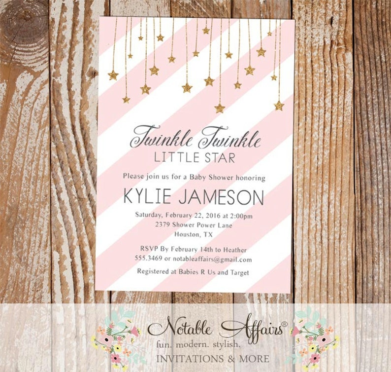 Twinkle Twinkle Little Star Diagonal Stripes Light Pink and Glittery Gold Modern Baby Shower invitation image 1