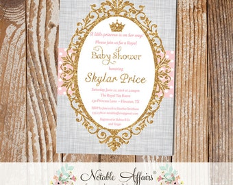 Princess Light Pink Gold Glitter on gray linen background - princess cinderella baby shower invitation - light pink can be changed only