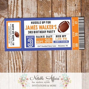 Football Tailgate Birthday Party Football Ticket Invitation - Orange and Blue Football Invite- choose 2 colors - All Star Birthday Ticket