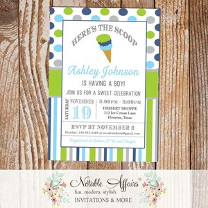 Navy Chartreuse Ice Blue and Gray Ice Cream Cone Dessert Boy Baby Shower Invitation - heres the scoop - sweet baby shower