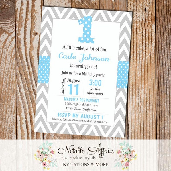 ONE First Birthday - Gray Chevron and Blue Polka Dots Birthday Invitation - colors can be changed